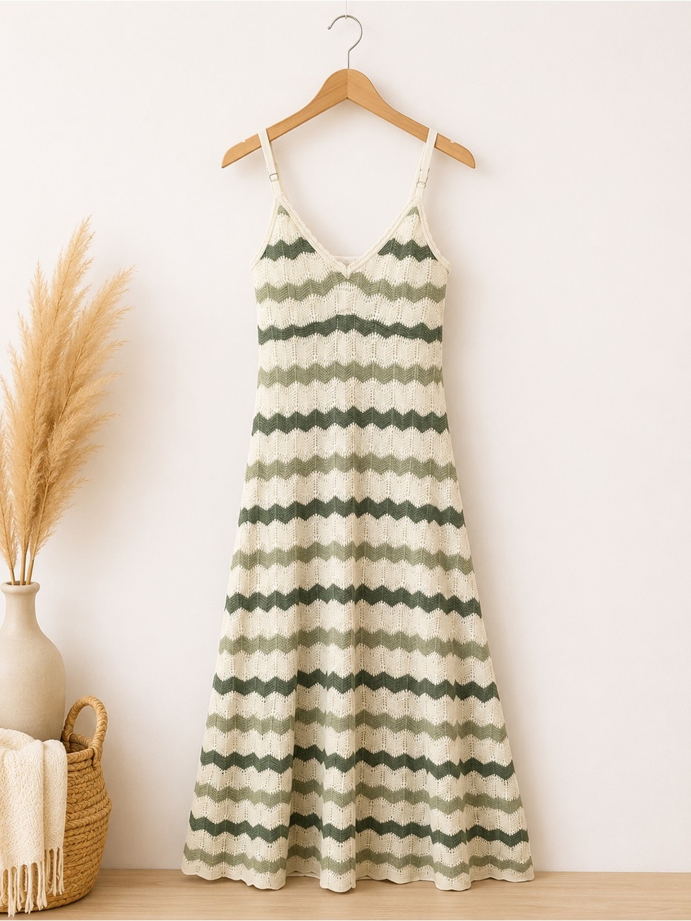 Hollister Cream and Olive Green Striped Knit Maxi Dress